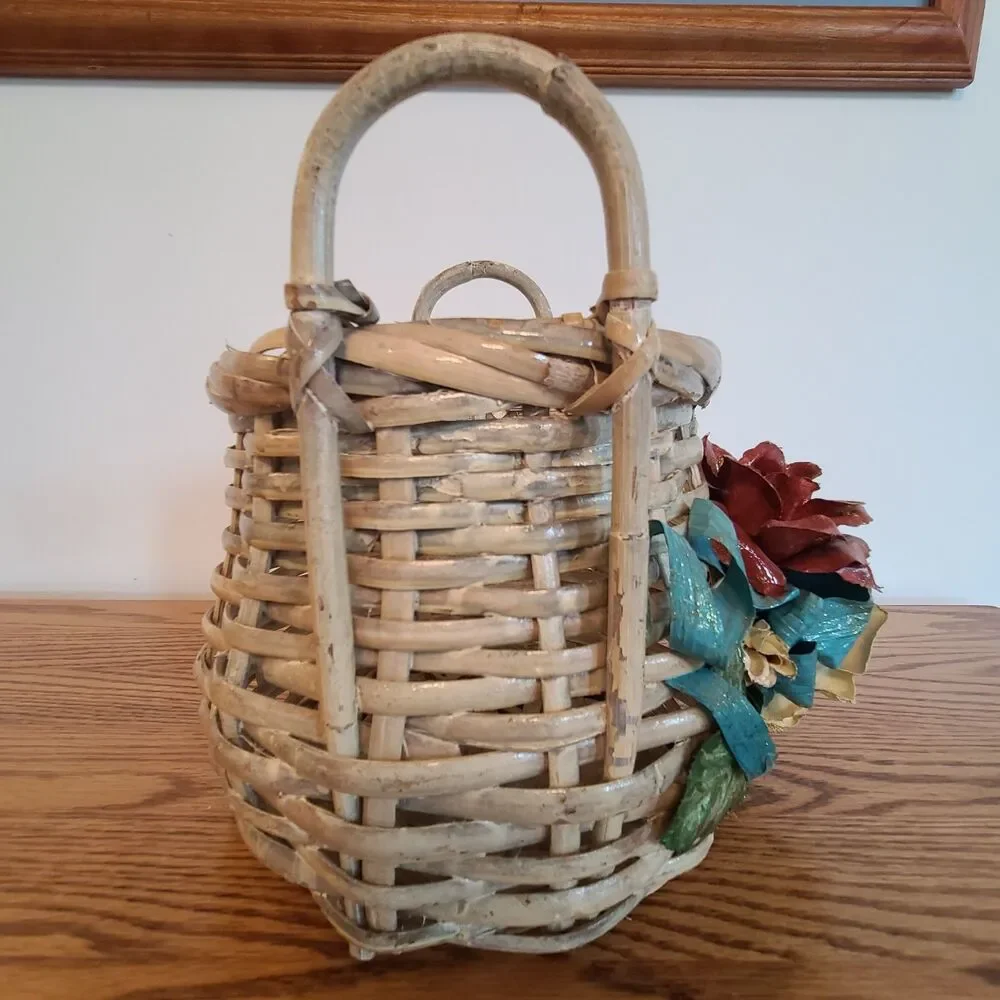 Vintage Whitewashed Wicker Basket With Molded Flowers Ribbon Details Shabby Chic